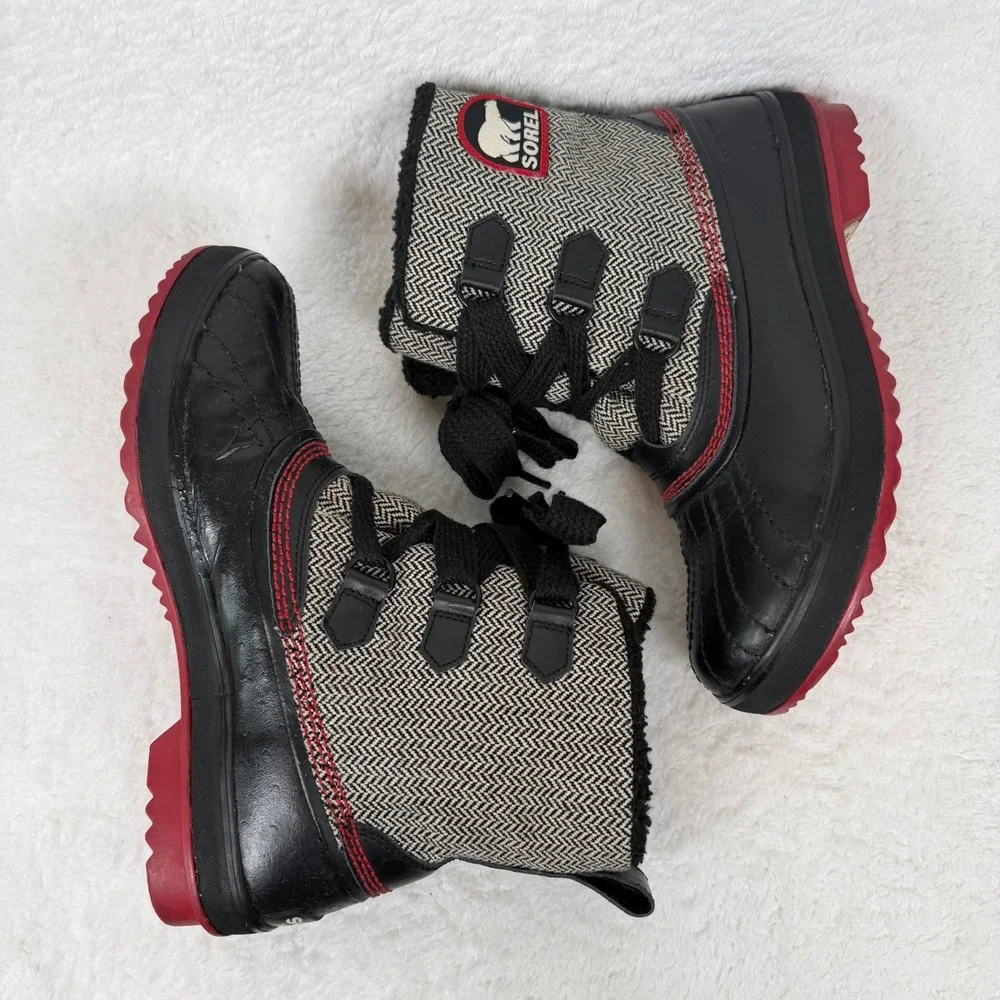 Sorel Tivoli Herringbone Waterproof Boots‎ Black Grey Red Womens 9.5